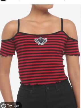 Midnight Hour Striped Red and Black Cold Shoulder Heart Appliqué Crop Tank Top